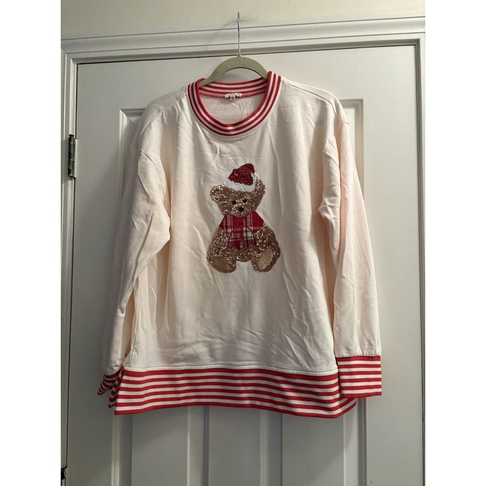 Jodifl Size Large Christmas Sweatshirt Sequin Bear Cream Red Stripe